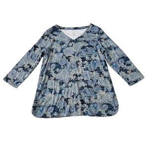 J. Jill Pima 3/4 Sleeve V-Neck Tee Women Medium Blue Paisley 100% Pima Classic